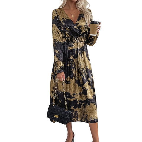 Temperament v-ausschnitt mit langen ärmeln A-pendel bronzing kleid herbst frauen high-end-m300808 
