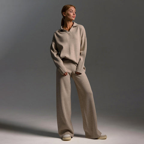 Knitted set European and American autumn and winter sweater set Polo neck knitted jumper + wide-leg trousers two-piece set m301788