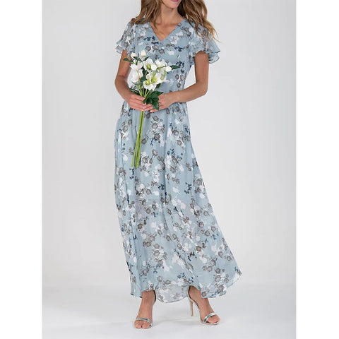 Beach pendulum long dress chiffon floral short-sleeved ruffle V-neck fashion waist dress m301342