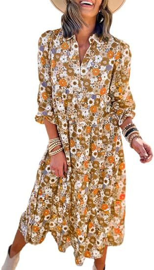 Lockeres, langärmliges, V-Ausschnitt-Kleid für Damen im Bohemian-Stil mit Blumenmuster und eleganter A-Form m300573 