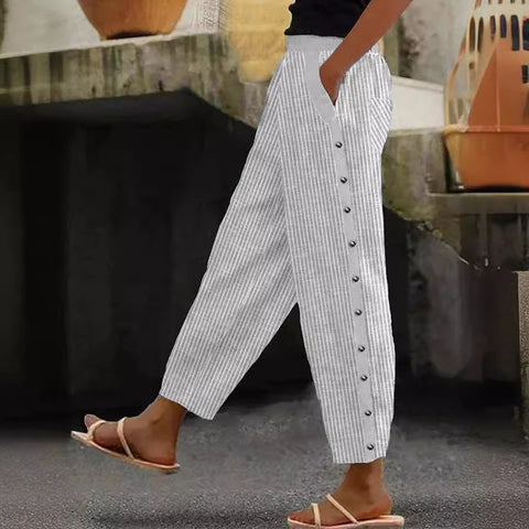 Fashion new printed striped button-up rubber band waist nine-point pants m301458