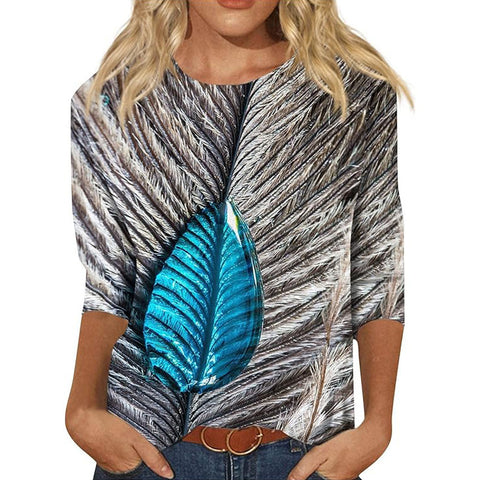 Pullover mit Rundhalsausschnitt und 7/4-Ärmeln, Pflanzenblumen und 3D-Druck, m300615 