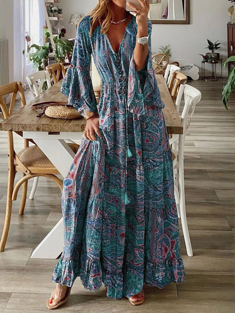 Bohemian Urlaubskleid mit ausgestellten Ärmeln, V-Ausschnitt und hoher Taille, bedruckt, m300709 