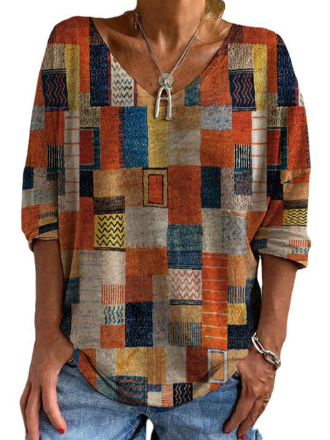 T-shirt décontracté à manches longues et col en V pour femme, imprimé numérique ethnique, ample, m300416 