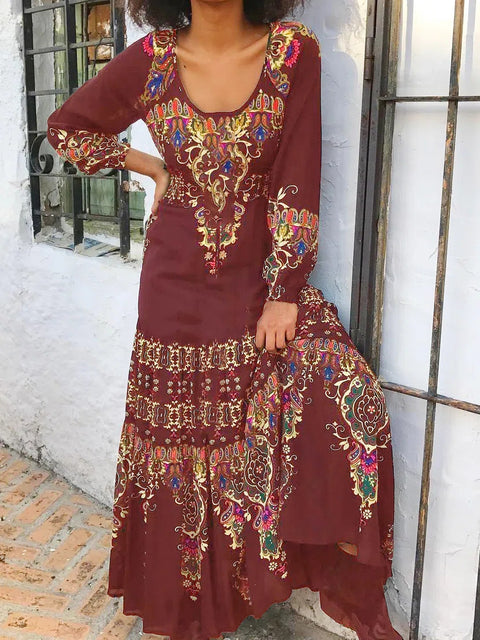 Temperament elegantes Langarmkleid Herbstdruck U-Ausschnitt Strandurlaubsstil langes Kleid m300927 