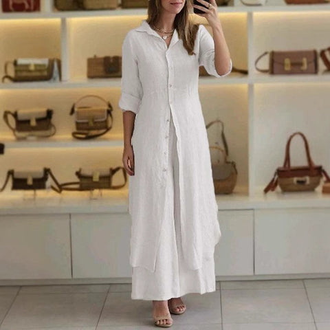 Elegantes Set aus eng anliegendem Langarmhemd und Hose aus Baumwolle und Leinen mit weitem Bein, m301063 