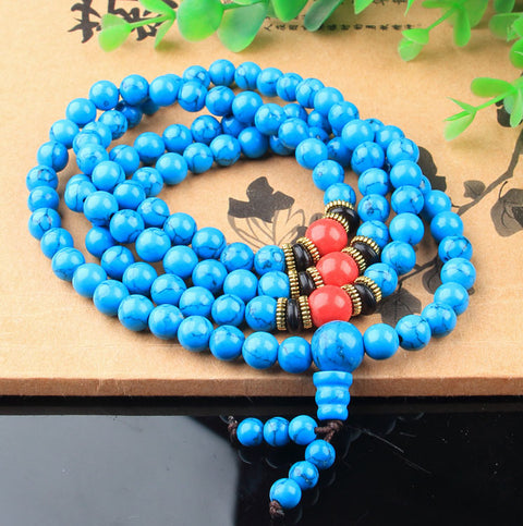 Bracelet multicouches en perles de Bouddha turquoise, ornement tibétain, 108 perles de Bouddha, bracelet enroulé en perles de Bouddha turquoise, fil élastique m3331228