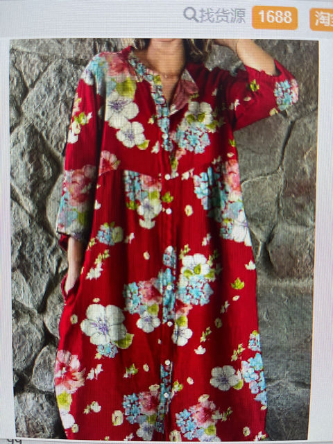 Lockeres Damen-Hemdkleid mit Rundhalsausschnitt, modisch, Premium, langärmlig, bedruckt, m301050