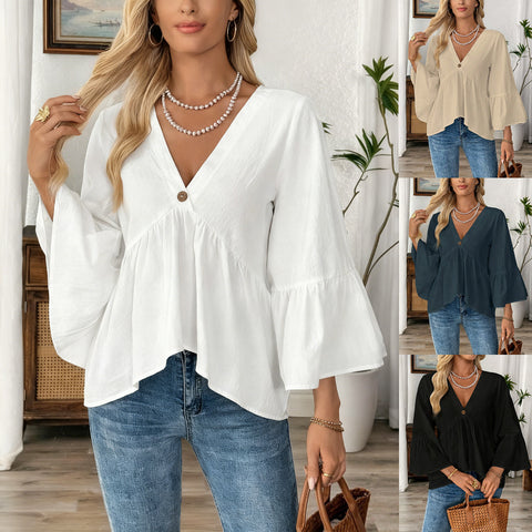 Solid color V-neck lotus leaf sleeve cotton top m302735