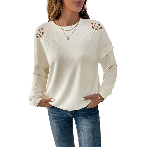 Rundhalspullover, lässiger, langärmeliger Pullover mit Struktur, besticktes Spleißoberteil, m300812 