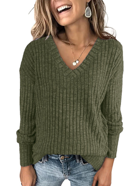 Women's long-sleeved V-neck pit strip polished knitted top T-shirt m302092
