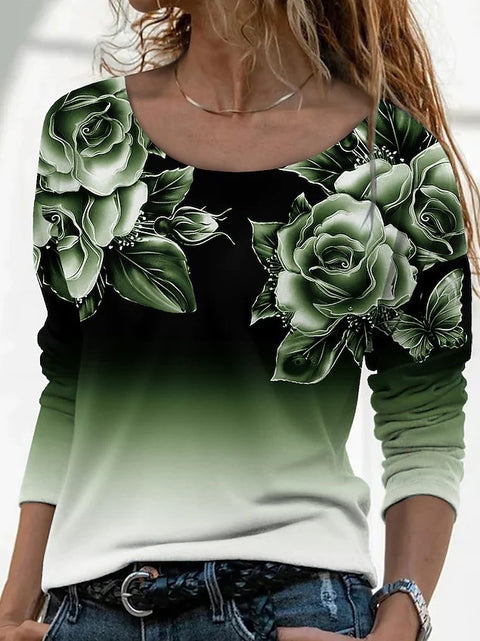 Langärmliges, lockeres, lässiges Pullover-T-Shirt mit Rundhalsausschnitt und 3D-Druck für Damen m300857 