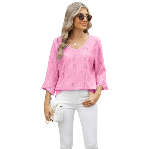 Spring and summer new v-neck rhombus grid hollow jacquard horn sleeve loose t-shirt women's m301965