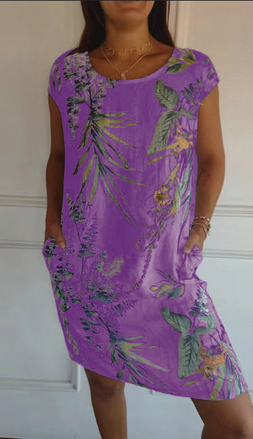 Robe ample à col rond et manches courtes imprimée m300103 