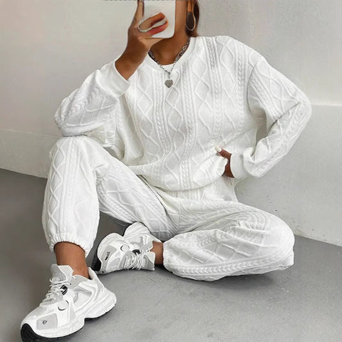 Women's twist splicing long-sleeved crew neck top corset trousers two-piece set m302008