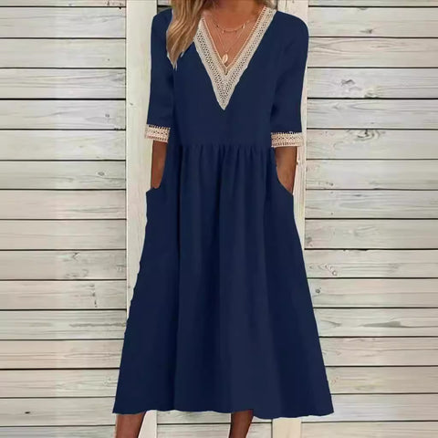 Lockeres, mittellanges Kleid aus Baumwoll-Leinen-Spitze mit V-Ausschnitt und halblangen Ärmeln m300048 