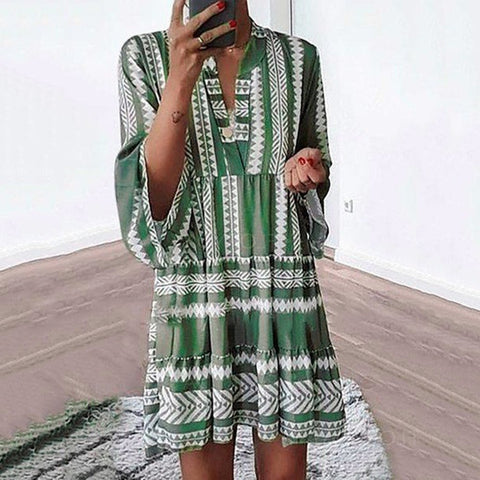Robe imprimée ample col V en mousseline de soie jupe courte plissée m300054 