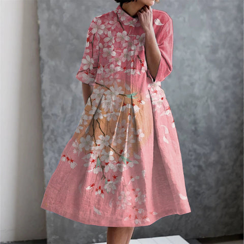 Elastic hemp short shirt dress floral Japanese vacation style pendulum skirt m303187
