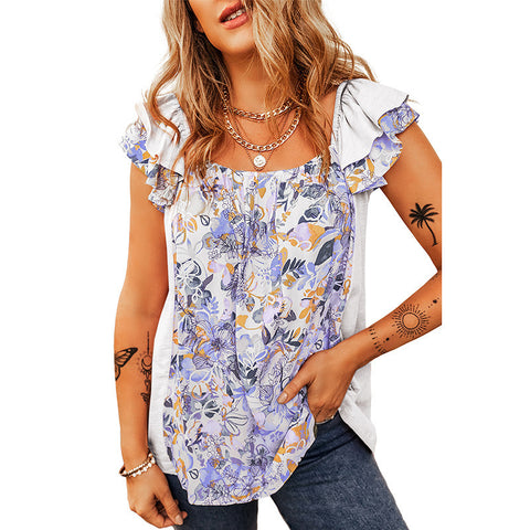 Plissiertes kurzärmliges T-Shirt-Oberteil mit böhmischem Blumendruck m301034 
