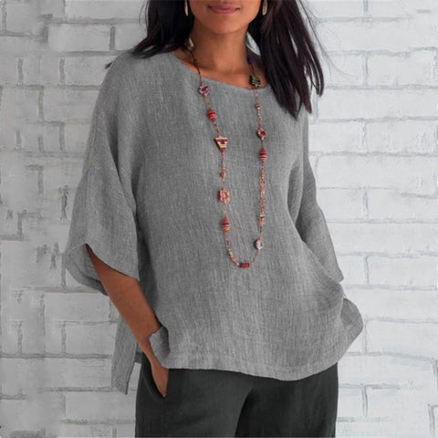 Haut chemise en coton et lin à manches fendues et col rond m300053 