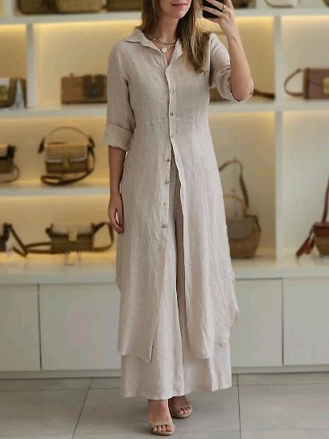 Elegantes Set aus eng anliegendem Langarmhemd und Hose aus Baumwolle und Leinen mit weitem Bein, m301063 