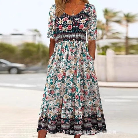 Robe longue décontractée à col ras du cou et manches courtes pour femme, imprimé 3D, taille plissée, style trapèze, m301299 