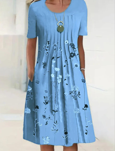 Robe mi-longue à imprimé floral, col rond, poches, printemps/été, pour femme, m300037 