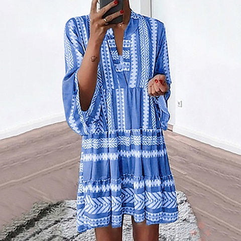 Robe imprimée ample col V en mousseline de soie jupe courte plissée m300054 