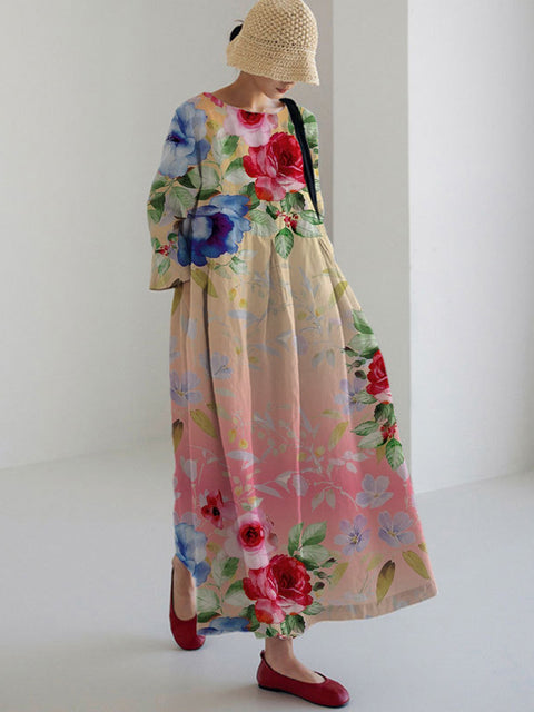 Lockeres, modisches, hochwertiges, langärmeliges Kleid mit Rundhalsausschnitt und Print m301054