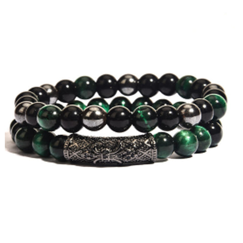 Bracelet élastique micro-incrusté de cuivre œil de tigre zircon noir mat m3331288