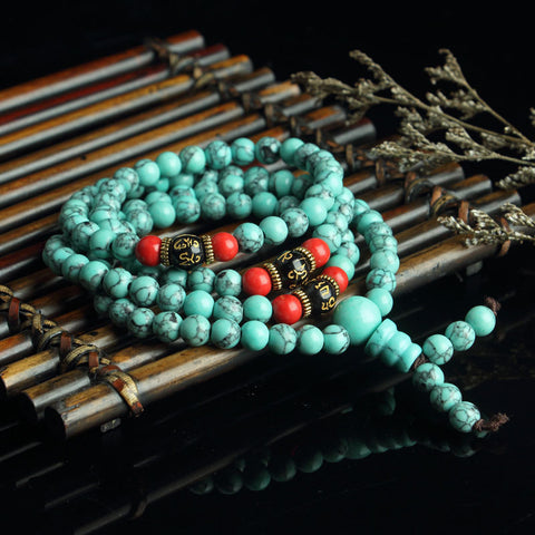Bracelet multicouches en perles de Bouddha turquoise, ornement tibétain, 108 perles de Bouddha, bracelet enroulé en perles de Bouddha turquoise, fil élastique m3331228