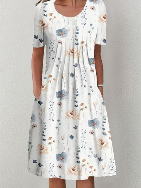 Frühling/Sommer Blumen bedrucktes Rundhals-Taschen-Mittellanges Kleid für Damenbekleidung m300037 
