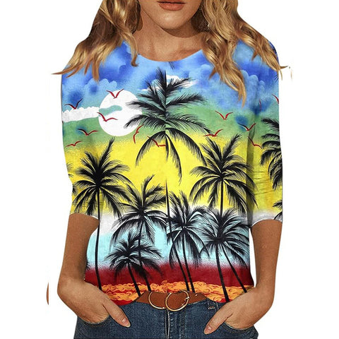 Pull ras du cou à manches sept-quarts et imprimé 3D de fleurs et de plantes m300615 