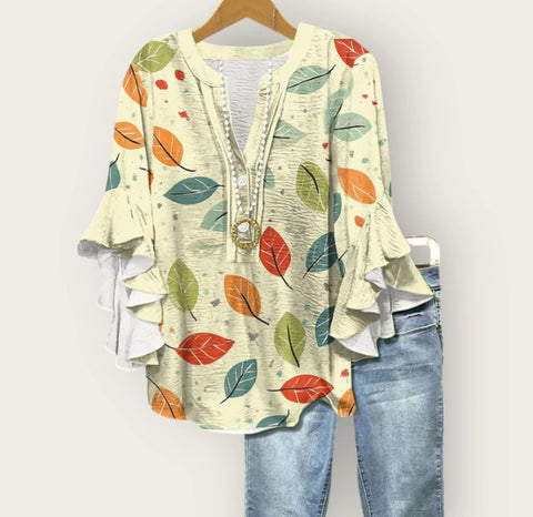 Creative floral element printing digital printing casual trend V-neck lotus edge T-shirt women's top m301778