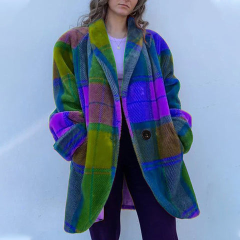 Long-sleeved lapel color matching jacket printed woolen long coat m300585