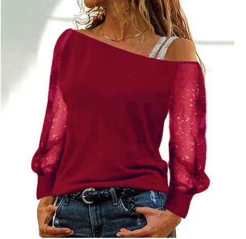 Diagonalkragen, hauchdünnes, schulterfreies Langarm-T-Shirt, modisches, schulterfreies Basishemd M300176 