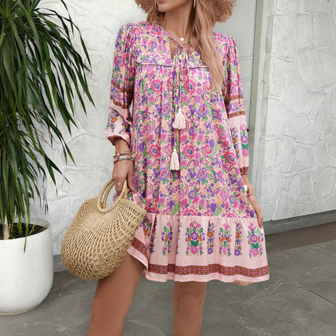 Robe ample décontractée à col en V et imprimé à lacets m300870 