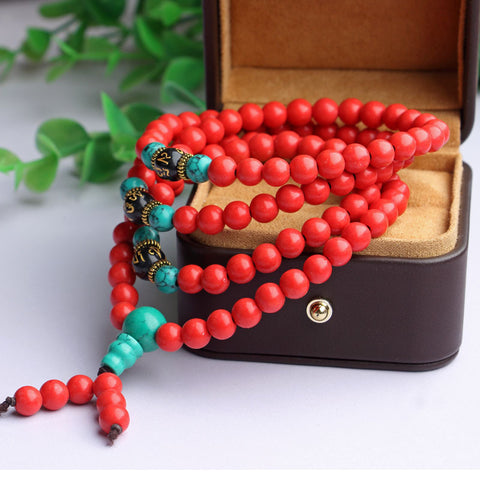 Bracelet multicouches en perles de Bouddha turquoise, ornement tibétain, 108 perles de Bouddha, bracelet enroulé en perles de Bouddha turquoise, fil élastique m3331228