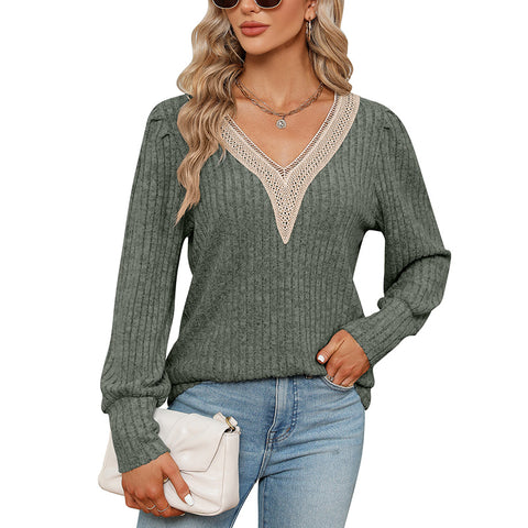 Damen V-Ausschnitt Spitze lose Grube Streifen poliert lose Langarm-T-Shirt m300519 