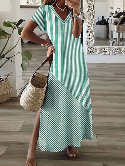 Kleid mit V-Ausschnitt und Schlitz und Streifenmuster m301462 