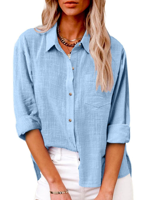 Autumn pocket long-sleeved women's cotton and linen shirt m300463