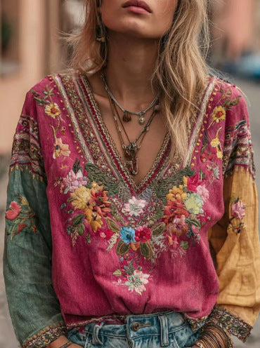 Ladies Casual Vintage Bohemian V-Neck Top Ethnic Style Long Sleeve m301956