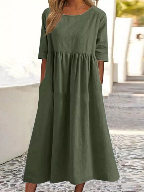 Neues lässiges Kurzarmkleid aus Baumwolle und Leinen mit Falten und Rundhalsausschnitt, m300890 