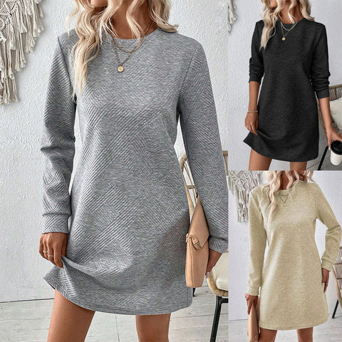 Robe d'automne et d'hiver texture simple et polyvalente col rond manches longues jupe courte m300702 