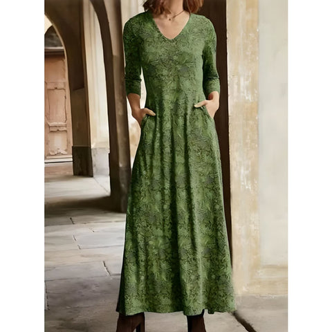 Robe en coton imprimé à manches longues et col en V avec poches m300706 