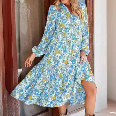 Lockeres, langärmliges, V-Ausschnitt-Kleid für Damen im Bohemian-Stil mit Blumenmuster und eleganter A-Form m300573 