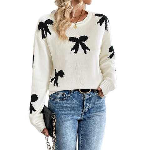 Rundhals-Jacquard-Pullover mit Schleife für Herbst und Winter für Damen m300804 