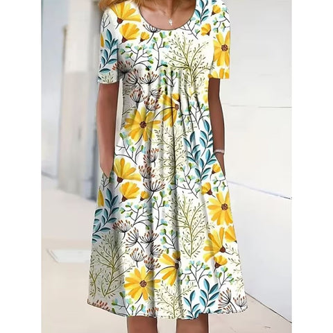 Frühling/Sommer Blumen bedrucktes Rundhals-Taschen-Mittellanges Kleid für Damenbekleidung m300037 