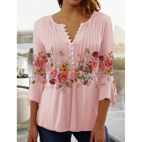 T-shirt imprimé à col en V et manches courtes, boutonné et plissé, m300032 