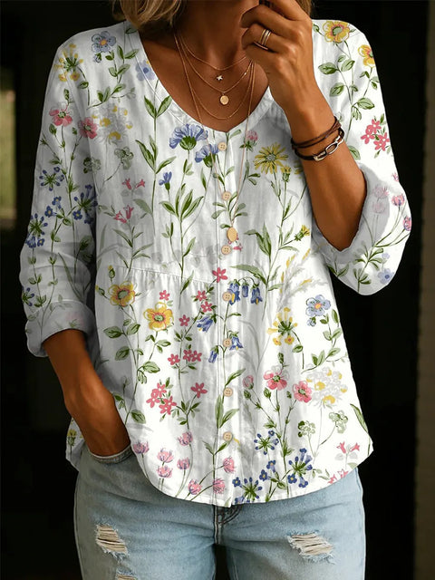 Crew Neck Women's Floral 3D Printed Women's Henley Shirt m302611